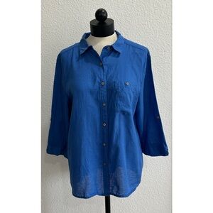 Hester & Orchard Women's Size Large Blue Button Up Shirt Roll Sleeve 100% Linen